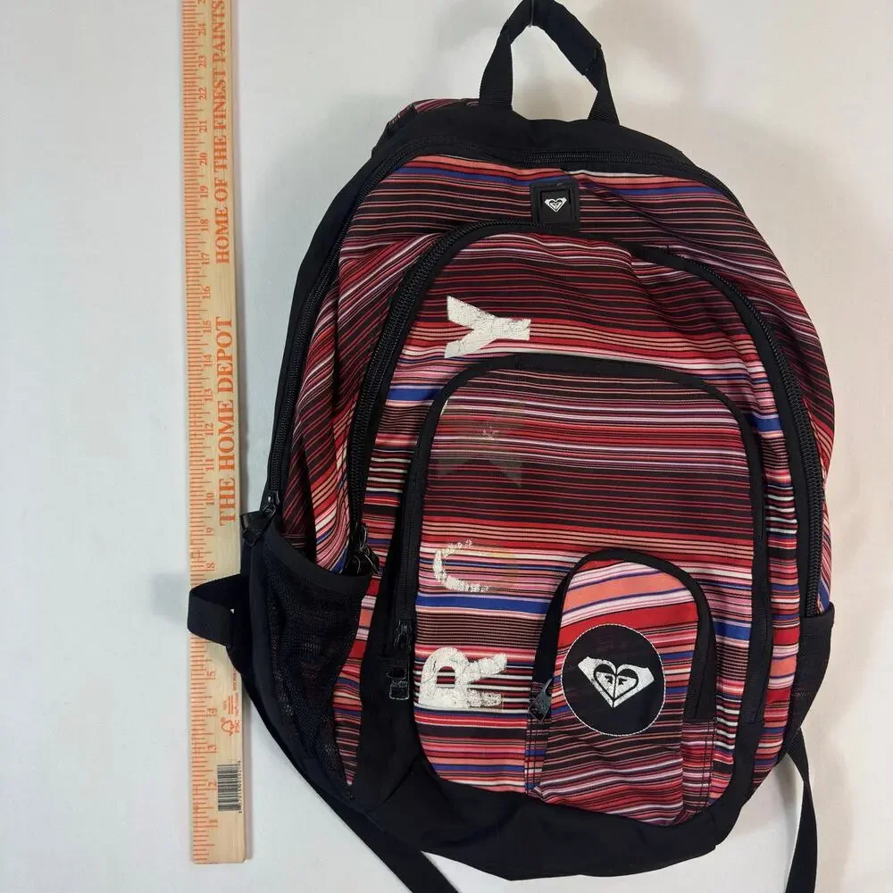 Y2K Roxy Womens Red Black Striped Backpack Multicolor School Travel Laptop Bag